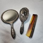 Vintage Silver Plated Repousse Hand Mirror Brush And Comb Set Of 3 Vanity