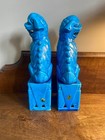 Vintage Pair Chinese Foo Dogs Figurines Turquoise Blue Glazed  large  Excellent