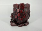 Vintage Red Resin Chinese Feng Shui Laughing Buddha Tree Stump Votive Figurine
