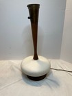 Vintage Danish Modern Wood Textured White Pottery Table Lamp Mcm 17 5  Tall