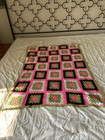 Vintage Handmade Crochet Pink Green Black White Afghan Blanket Throw 35x48   