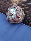 Vintage Round Beaded Blue Black  Jewelry Coin Pill  Trinket Box Handcrafted  New