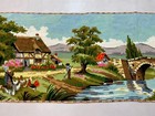 4x2 Antique 1980s French Pictorial Portrait Village Tree Tapestry Wall Decor Art