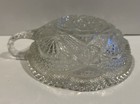 Vintage Heavy Clear Cut Glass Crystal Round Dish W handle Sawtooth Edge