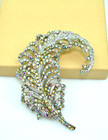 Large Feather Brooch Silver Tone Rhinestone Crystal Brooch Pin Jewelry Gift
