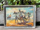 Vintage Coastal Fishermen Scene Framed Painting Rustic Beach Wall Decor Art