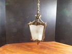 Vtg Spanish French Revival Brass Etched Glass Hanging Light Chandelier Pendant