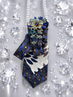Blue Necktie Necklace With Pearl Strand   Rhinestone Brooch   Upcycled Tie Jewel