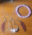 3 Piece Jewelry  Lavender Bead Bracelet feather Earrings silver Heart Necklace