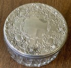 Vintage Silver-plated Glass Vanity Powder Jar With Ornate Floral Design Lid