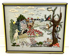 Large Vintage 1970s Finished Crewel Embroidery Framed Picture Animals Landscape