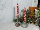 Vintage Pair Red Christmas Decorated Candles  Tapers 8     Chunky Snowy Glittery  