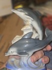 Porcelain Dolphin Figurine Pair Gray   White On Wave Base Made In China