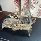 Antique Ornate Glass Inkwell Cast Metal Scroll Stand Victorian Art Nouveau