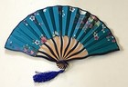Silk Hand Fan Japanese 7  Blue Flowers Folding Pocket Purse Asian - Brand New