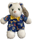 White Teddy Bear Cloth Body Blue Alphabet Print Yellow Bow W  Tag Vintage Plush