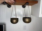 Vintage Set Of Two Brass Copper Hanging Planter With Chain 5    Trinket Dish