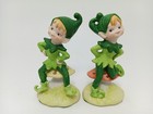2 Lefton Pixie Elf Figurines On Mushrooms Green Suits Vintage Set