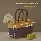 Blue African Market Basket With Leather Handles  12-inch Woven Bolga Basket For