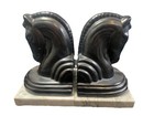 Vintage Art Deco Horse Head Metal Bookends Marble Base Pair 