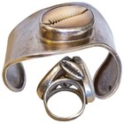 Astute Modernist Sterling Silver Snakehead Cowrie Seashell Bracelet   Ring Set