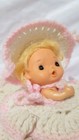 Crochet Doll Square Pillow Pink Dress Pink White Blonde Hair Bonnet Vintage