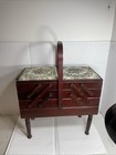 Vtg  Wooden Accordion Expandable Sewing Box Storage W legs   Quilt Pad Top