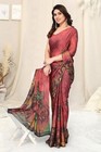 Crimson Chiffon Floral Printed Party Wear Saree Indian Pakistani Designer Sari