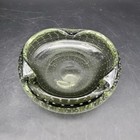 Vintage Green Controlled Bubble Art Glass Ashtray Mid Century Heavy Glass