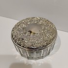 Vintage Old Hampshire Glass Vanity Makeup Jar Trinket Jewelry Mirror Lid Silver