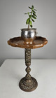Vintage Brass Pedestal Plant Stand Leaf Wood Top Accent Side Table Regency