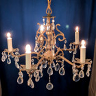 Vintage Antique 5 Light Scrolled French Brass Chandelier W  Lead Crystal Prisms