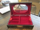 Antique Asian Chinese Jewelry Box Wood Brass Hand Painted Red Velvet Liner Look 