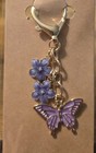 Enamel Purple Butterfly And Flowers Purse Charm Gold Tone Key Chain