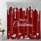 Modern Merry Christmas On Silver And Red Shower Curtain Set For Bathroom Decor