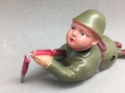 Occupied Japan Celluloid Wind Up Toy Soldier Crawling No Key Works 8 5  Vintage