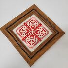 Vtg Handmade Red White Square Framed Embroidery Needlepoint Art 9  Cottagecore 