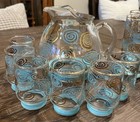Mid Century Modern Turquoise Swirl Cocktail   Glass 14 Piece Set Vintage Rare
