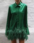 Green Women s Feather Trim Shirt Dress Long Sleeve Loose Dress Casual Tops Sexy