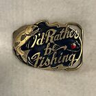 Vintage Brass Belt Buckle Black Enamel gold Tone Fishing Theme
