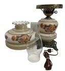 Vintage Glass Hurricane Double Collar Lamp   Night Light Hand Painted Flowers