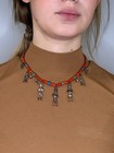 Native American Sterling Silver Coral  Turquoise Bead  Figure Necklace
