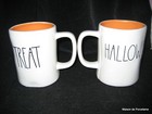 Rae Dunn M Stamp Happy Halloween Trick Treat Orange Ivory Two Sided 2 Mugs 2016