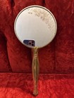 Vintage Brass Handle Hand Vanity Mirror Ornate Pink Floral Victorian 13 Inch