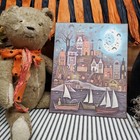 Primitive Vintage Folk Art Style Halloween Sea Harbor Ships Pumpkins Houses Sign