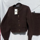 Zara Brown Knit 2pc Skirt Suit Set Xl Cropped Collarless 5-button Pockets