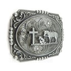 Western Floral Belt Buckle Praying Cowboy Kneeling At Cross Antique Silver Tone