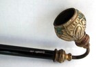 Antique Asian Long Metal Smoking Pipe Patina Decorative Brass Bowl Collectible