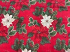 Christmas Holiday Fabric Tablecloth Linens Poinsettia Holly Acorns Red 60 x84 