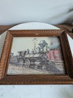 Vintage Framed Steam Locomotive Train Print Rustic Wooden Frame Railroad